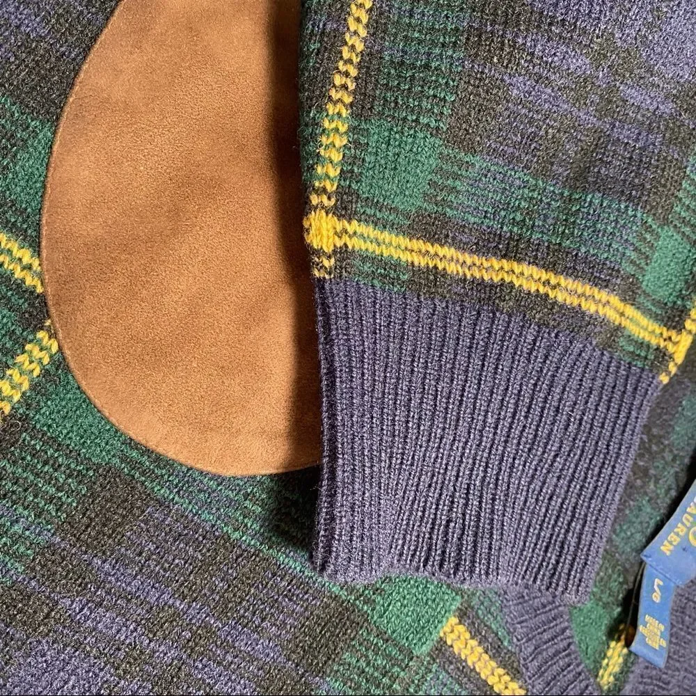 Polo Ralph Lauren ~ Tartan Plaid Merino Wool & Suede Crewneck Sweater